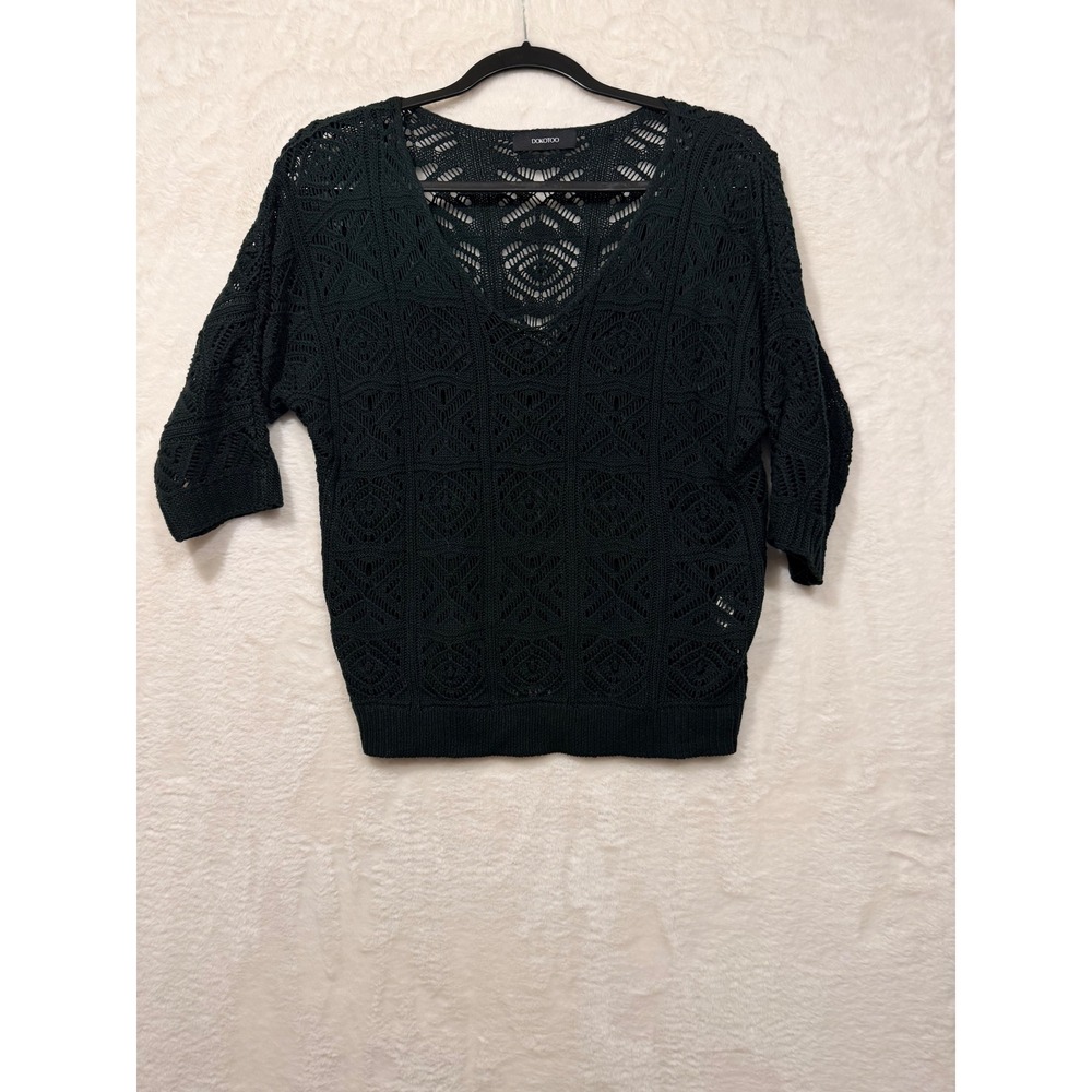 Dokotoo Black Crochet Knit Sweater Womens Small V-Neck Boho 3/4 Sleeve‎ Pullover